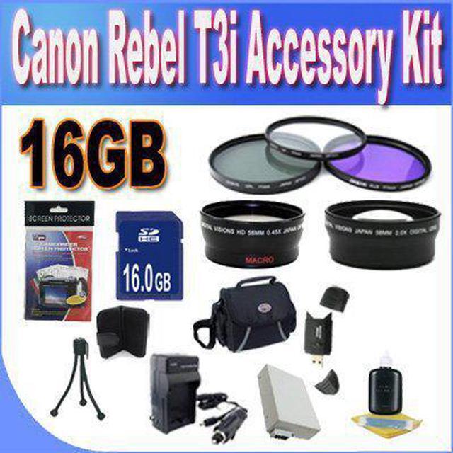 Main image of Canon T3I Accessory Saver Kit (58mm Wide Angle Lens + 58mm 3 Piece Filter Kit + 16GB Memory Card + Accessory Saver Bundl