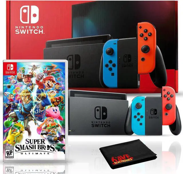 Alt view image 2 of 5 - Nintendo Switch with Neon Blue and Red JoyCon Bundle with Super Smash Bros. Ultimate