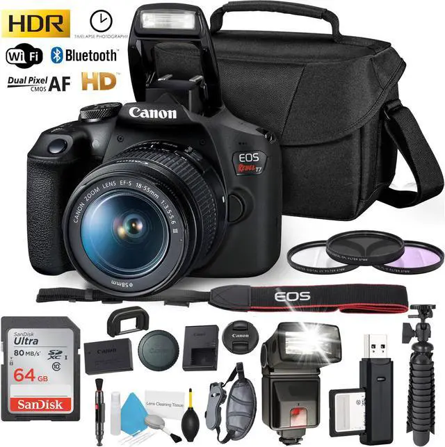 Main image of Canon Rebel T7 DSLR Camera with 18-55mm DC III Lens and 64GB Ultra Speed Memory Card, Case, Cleaning Kit, Flash Bundle
