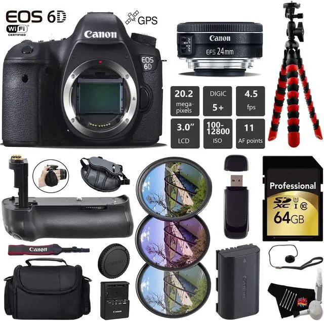 Main image of Canon EOS 6D DSLR Camera with 24mm f/2.8 STM Lens + Professional Battery Grip + UV FLD CPL Filter Kit + Case + Wrist Str