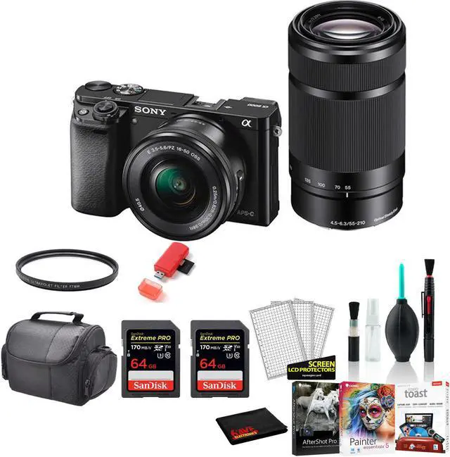 Main image of Sony Alpha a6000 Mirrorless Digital Camera with 16-50mm + 55-210mm Lenses with 2x 64GB Memory Card  -International Model