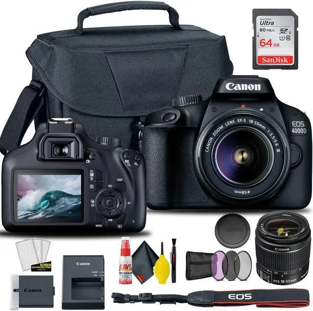 Main image of Canon EOS 4000D / Rebel T100 DSLR Camera with 18-55mm Lens + Creative Filter Set, EOS Camera Bag + Sandisk Ultra 64GB Card + Electronics Cleaning Set, And More (International Model)