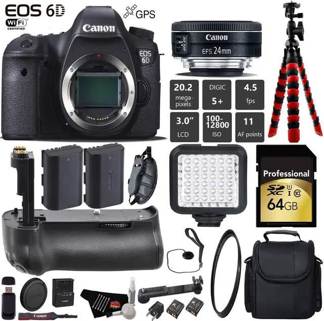 Main image of Canon EOS 6D DSLR Camera with 24mm f/2.8 STM Lens + Professional Battery Grip + UV Protection Filter + LED Kit + Extra B