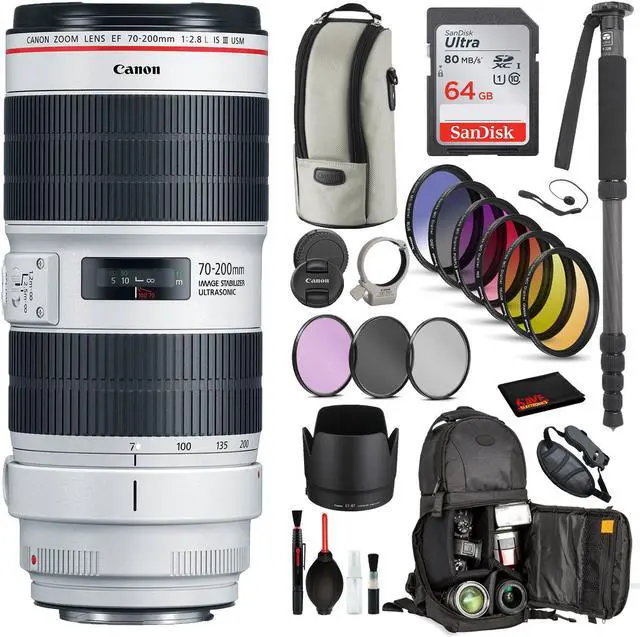 Main image of Canon EF 70-200mm f/2.8L IS III USM Lens (3044C002) with Bundle Includes:  9PC Filter Kit, Sandisk 64GB SD + More