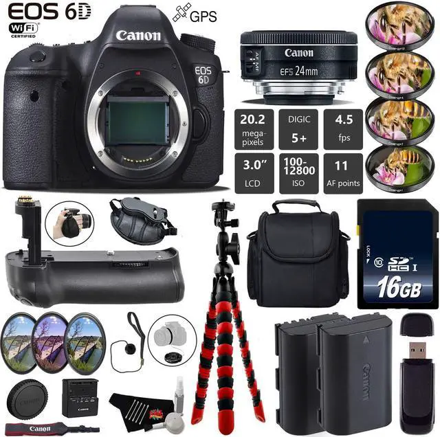 Main image of Canon EOS 6D DSLR Camera with 24mm f/2.8 STM Lens + Professional Battery Grip + 4PC Macro Filter Kit + LED Kit + Extra B