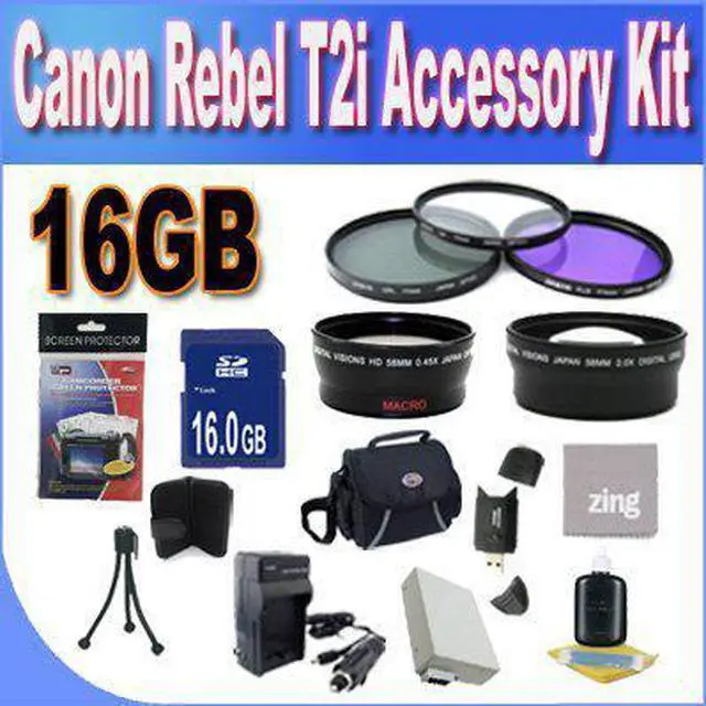 Main image of Canon T2I Accessory Saver Kit (58mm Wide Angle Lens + 58mm 3 Piece Filter Kit + 16GB Memory Card + Accessory Saver Bundl