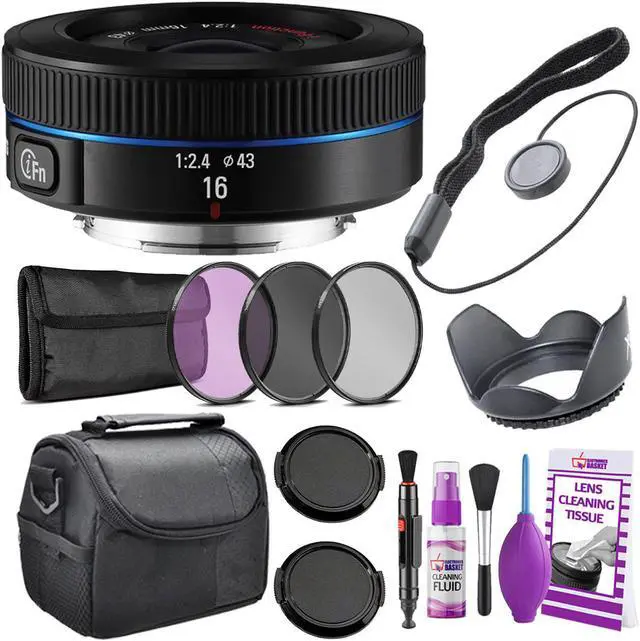 Main image of Samsung 16mm f/2.4 Ultra Wide Pancake Lens (Black) NX Mount + Warranty + Cleaning Kit + Case + Accessories Bundle