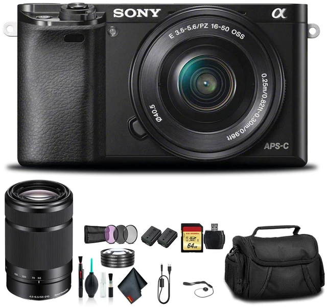 Alt view image 6 of 6 - Sony Alpha a6000 Mirrorless Camera with 16-50mm and 55-210mm Lenses ILCE6000Y/B With Soft Bag, Tripod, Additional Battery, 64GB Memory Card, Card Reader , Plus Essential Accessories