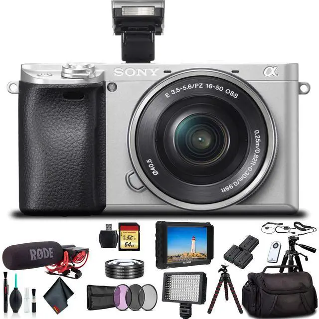 Main image of Sony Alpha a6300 Mirrorless Camera W/ 16-50mm Lens ILCE-6300L/S With Bag, Lens Filters, Tripod, 2x Extra Batteries, Rode Mic, Light, External HD Monitor, 2x 64GB Cards, Sling Soft Bag