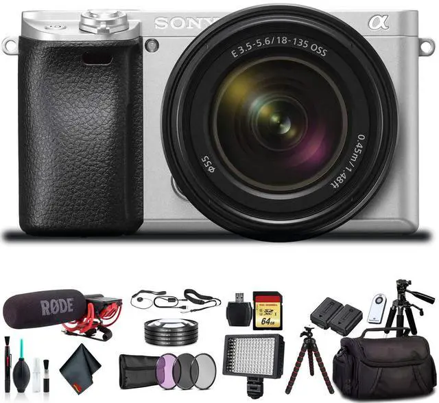Main image of Sony Alpha a6300 Mirrorless Camera with 18-135mm Lens Silver ILCE-6300M/S With Filters, Battery, Rode Mic, LED Light, 64GB Memory Card, Sling Soft Bag, Card Reader , Plus Essential Accessories