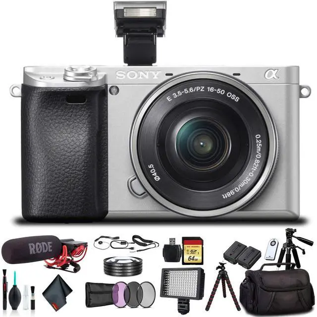 Main image of Sony Alpha a6300 Mirrorless Camera with 16-50mm Lens Silver ILCE-6300L/S With Soft Bag, Lens Filters, Tripod, Additional Battery, Rode Mic, LED Light, 64GB Cards, , Plus Essential Accessories