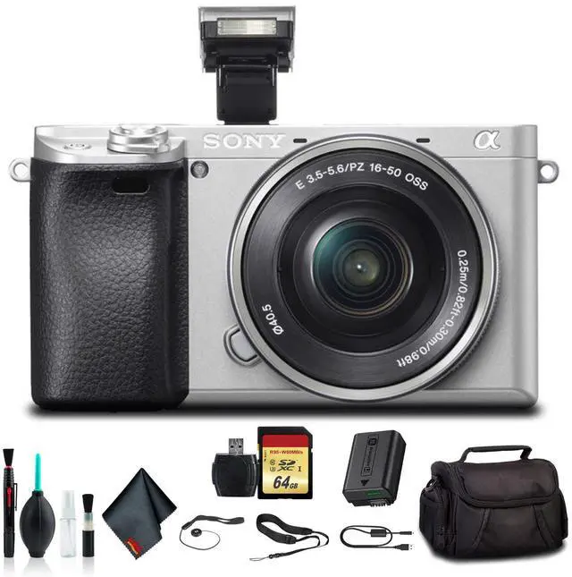 Main image of Sony Alpha a6300 Mirrorless Camera with 16-50mm Lens Silver ILCE-6300L/S With Soft Bag, 64GB Memory Card, Card Reader , Plus Essential Accessories
