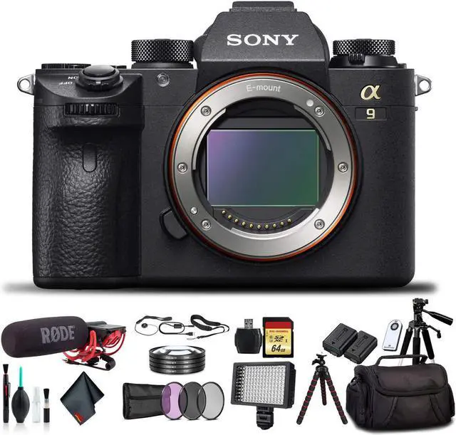Main image of Sony Alpha a9 Mirrorless Camera ILCE9/B With Soft Bag, Tripod, Additional Battery, Rode Mic, LED Light, 64GB Memory Card, Sling Soft Bag, Card Reader , Plus Essential Accessories
