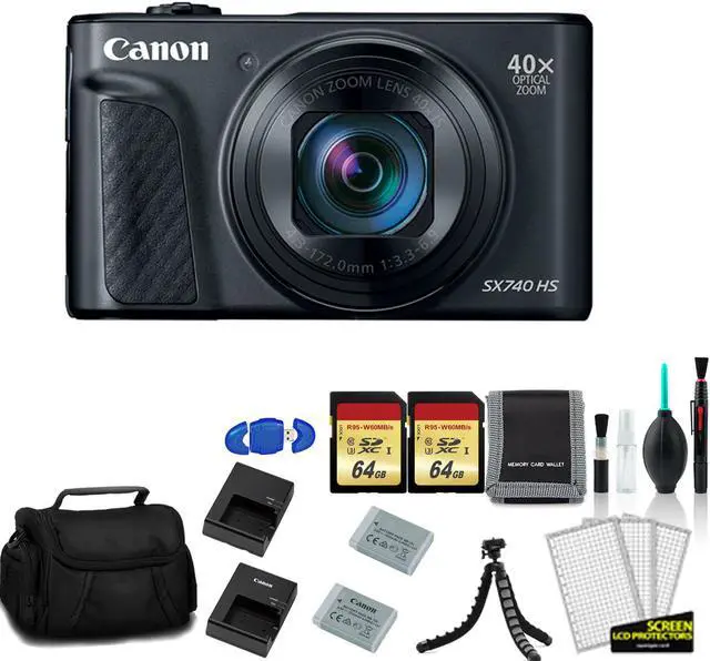 Main image of Canon PowerShot SX740 HS Digital Camera (Black) with 2x 64GB Memory Card + Extra Battery and Charger + More - International Model