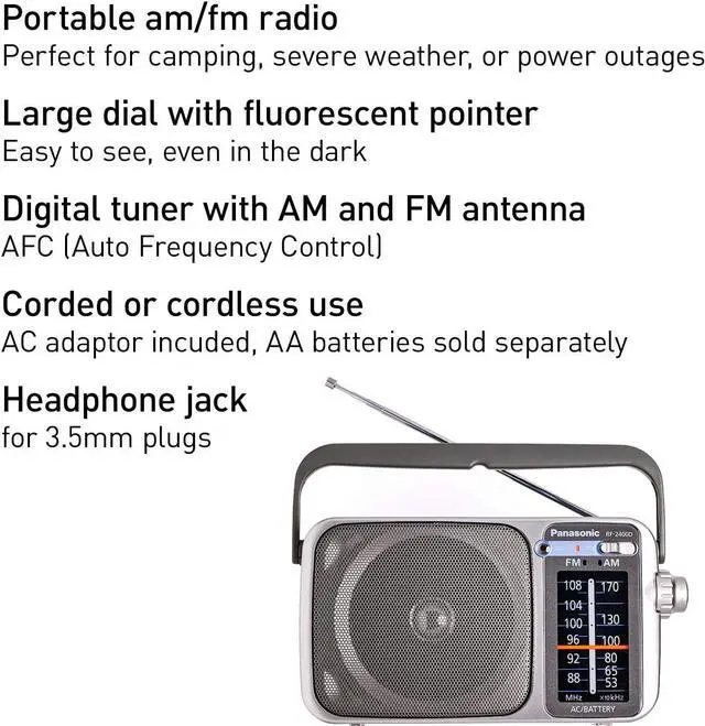 Alt view image 4 of 4 - Panasonic Portable AM/FM Radio Silver + AA Batteries + Wired Headphones + Cloth Bundle