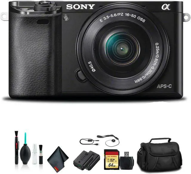 Main image of Sony Alpha a6000 Mirrorless Camera with 16-50mm Lens Black with Soft Bag, Tripod, Additional Battery, 64GB Memory Card,