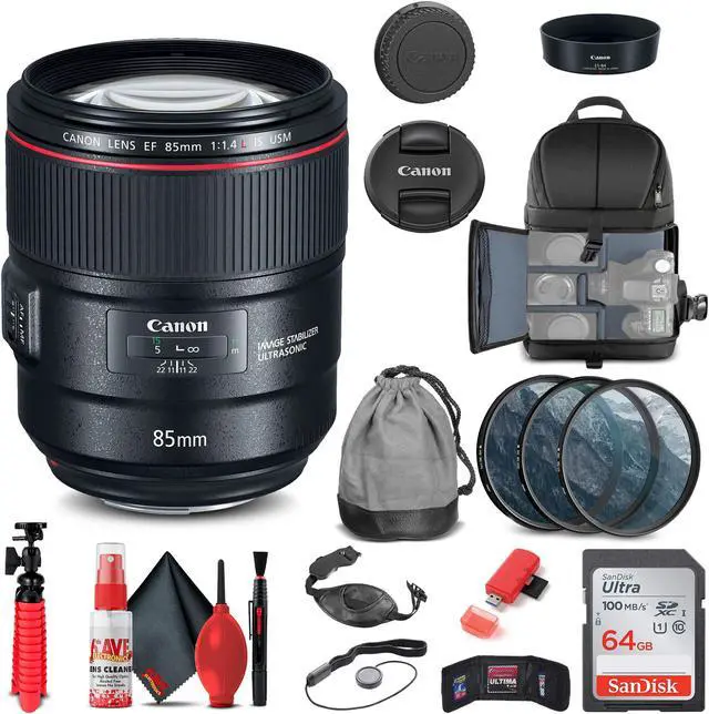 Main image of Canon EF 85mm f/1.4L IS USM Lens (2271C002) + Filter Kit + BackPack + More