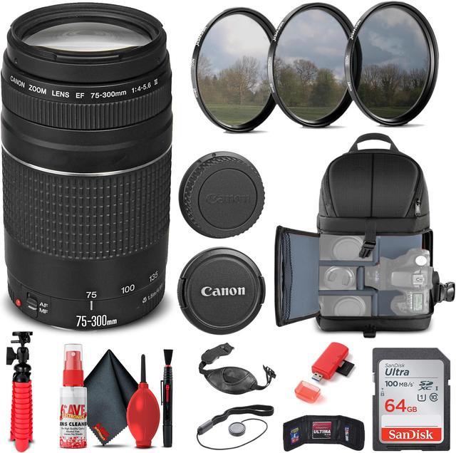 Canon EF 75-300mm f/4-5.6 III Lens (6473A003) + Filter Kit + BackPack + More