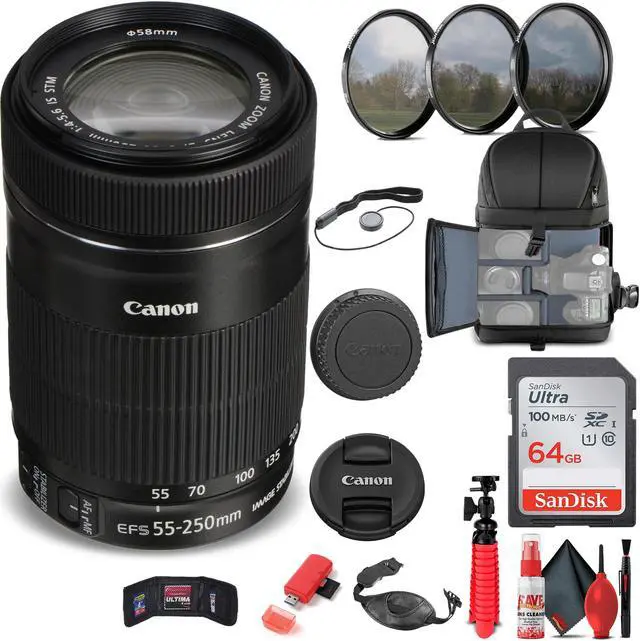 Main image of Canon EF-S 55-250mm f/4-5.6 IS STM Lens (8546B002) + Filter + BackPack + More