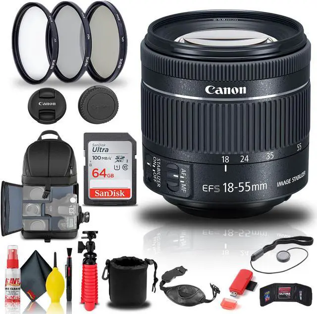 Main image of Canon EF-S 18-55mm f/4-5.6 IS STM Lens (1620C002) + Filter Kit + BackPack + More