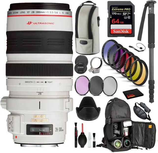 Main image of Canon EF 28-300mm f/3.5-5.6L IS USM Lens (9322A002) with Bundle : 9PC Filter Kit, Sandisk Extreme Pro 64gb + More