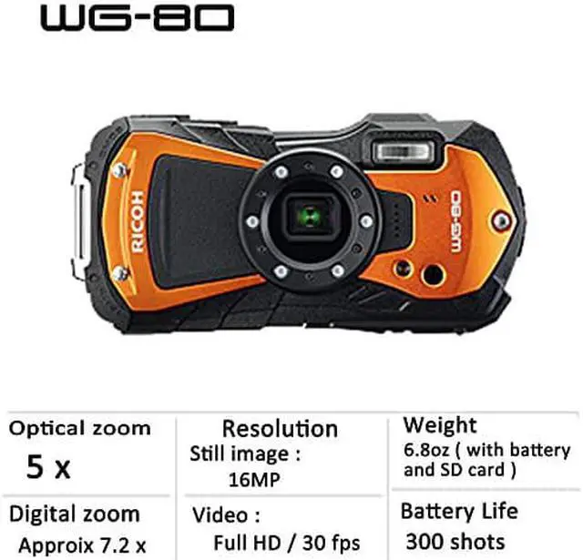 Alt view image 2 of 11 - Ricoh WG-80 Orange Waterproof Digital Camera Shockproof Freezeproof Crushproof