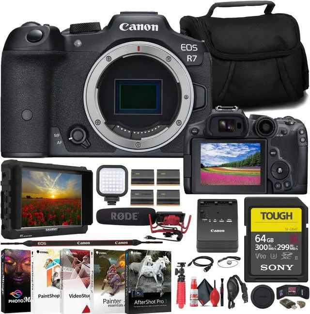 Main image of Canon EOS R7 Mirrorless Camera + 4K Monitor + Mic + 64GB TOUGH Card + Bag + More