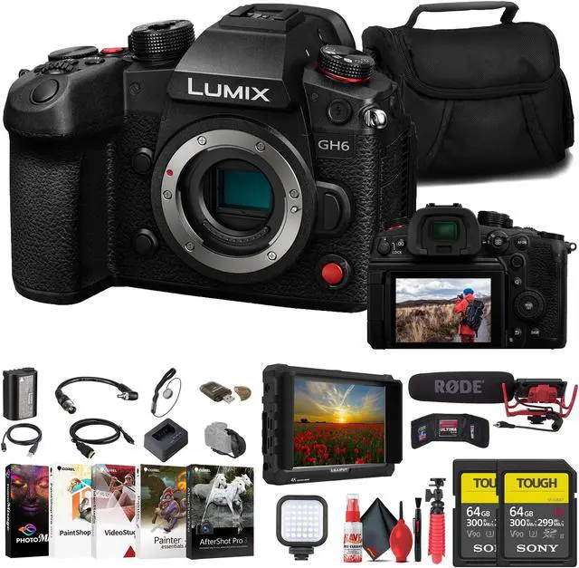 Main image of Panasonic Lumix GH6 Mirrorless Camera + 4K Monitor + VideoMic + 64GB Card + More