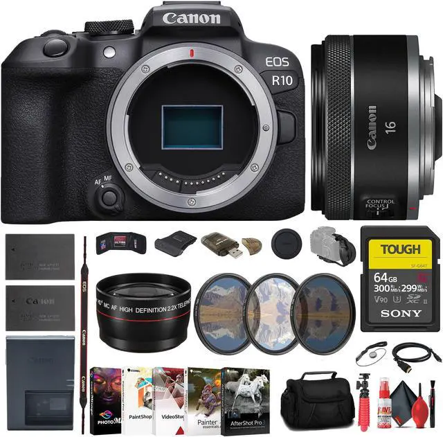 Main image of Canon EOS R10 Mirrorless Camera + Canon 16mm Lens + 64GB Card + More