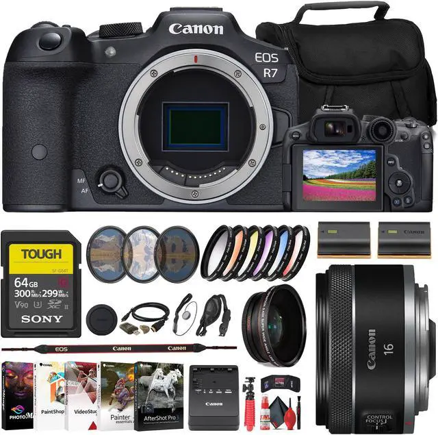 Main image of Canon EOS R7 Mirrorless Camera + Canon 16mm Lens + 64GB Card + Filter + Bag + More