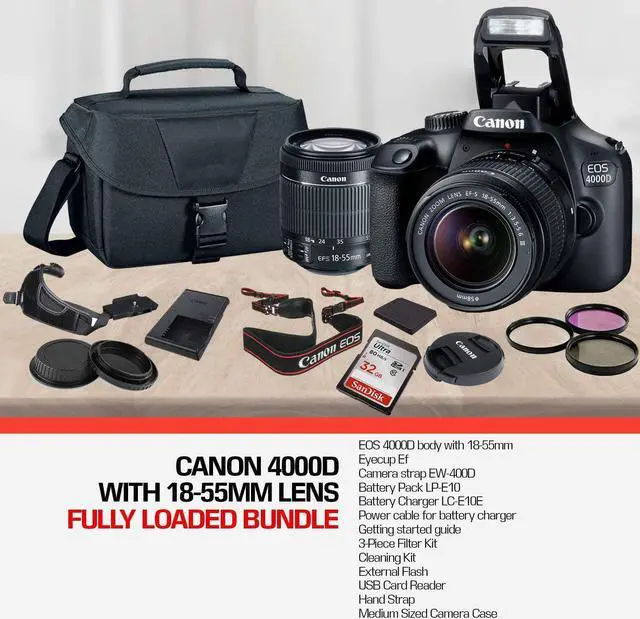 Alt view image 4 of 4 - Canon EOS 4000D  DSLR Camera and EF-S 18-55 mm f/3.5-5.6 Lens (International Version) (No Warranty) + 32GB Memory Card + Camera Bag + MiniTripod