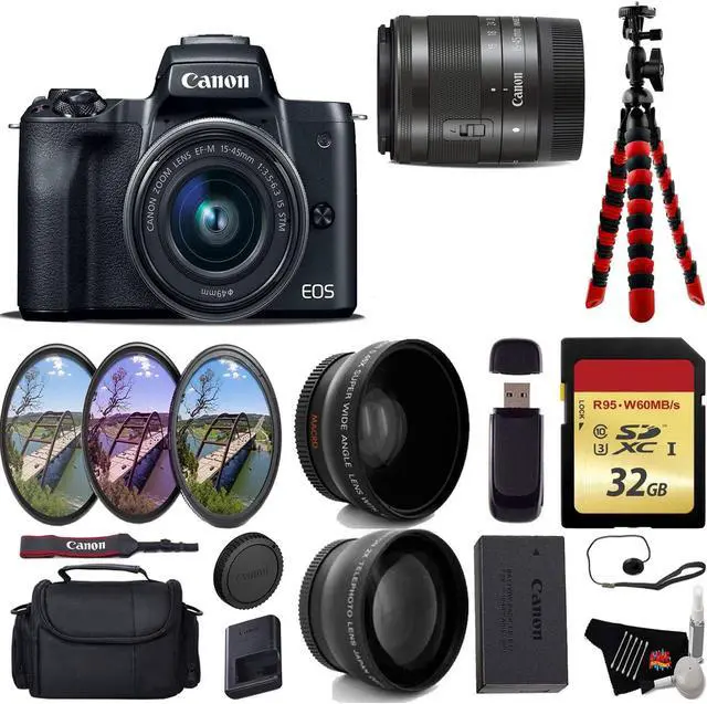Alt view image 5 of 5 - Canon EOS M50 Mirrorless Digital Camera with 15-45mm Lens + UV FLD CPL Filter Kit + Wide Angle & Telephoto Lens + Camera Case + Tripod + Card Reader - International Version
