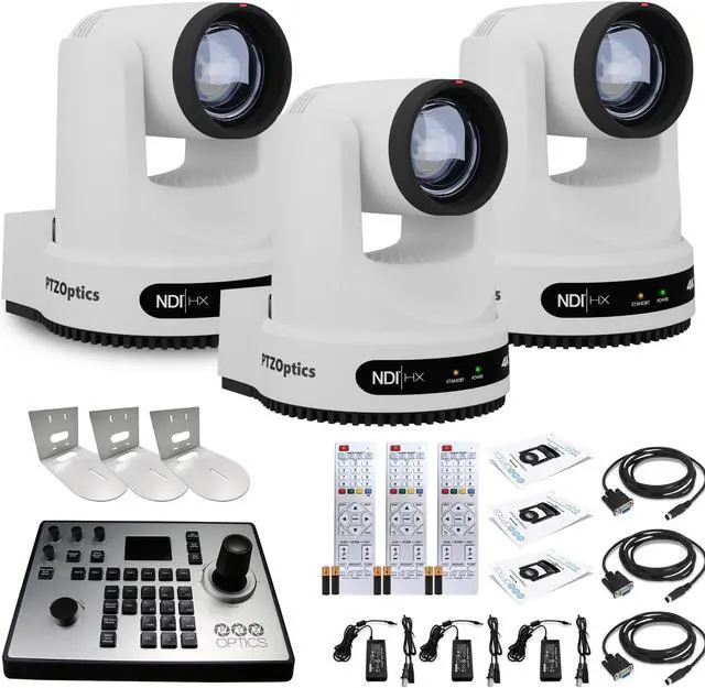 Main image of 3 x PTZOptics Move 4K PTZ Camera with 20x Zoom (White) (PT20X-4K-WH-G3) + PT-JOY-G4 Controller + 3 x Wall Mount