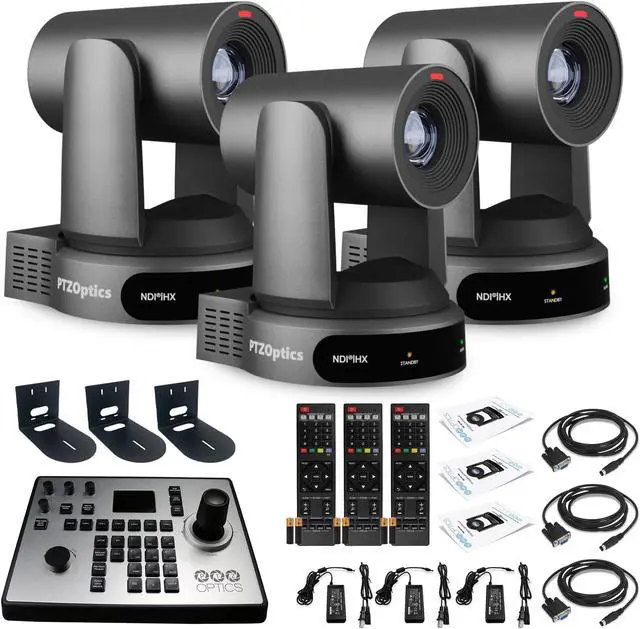 Main image of 3 x PTZOptics Move 4K PTZ Camera with 30x Zoom (Gray) (PT30X-4K-GY-G3) + PT-JOY-G4 Controller + 3 x Wall Mount
