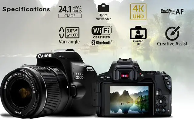 Alt view image 4 of 4 - Canon EOS 250D / Rebel SL3 DSLR Camera with 18-55mm Lens (Black) + Creative Filter Set, EOS Camera Bag +  Sandisk Ultra 64GB Card + Electronics Cleaning Set, And More (International Model)