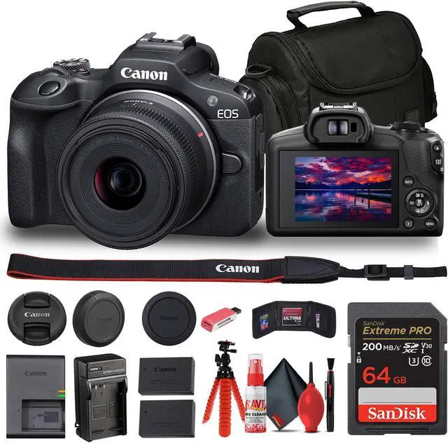 Main image of Canon EOS R100 Mirrorless Camera with 18-45mm Lens + Bag + 64GB Card + LPE17 Battery + More