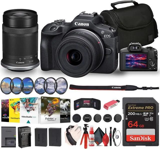 Main image of Canon EOS R100 Mirrorless Camera with 18-45mm and 55-210mm Lenses Kit + Filters + More
