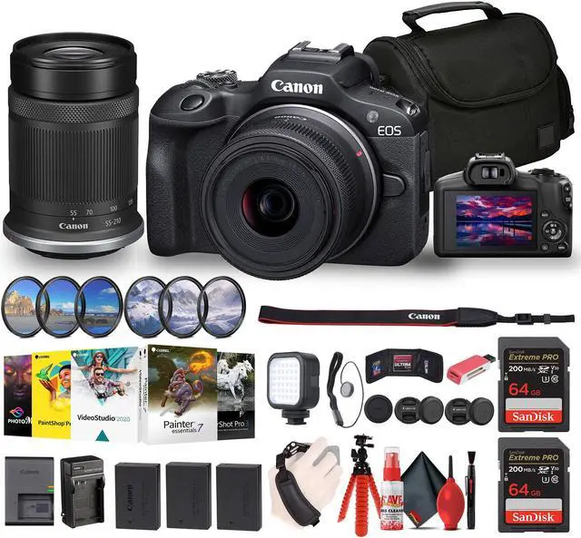 Main image of Canon EOS R100 Mirrorless Camera with 18-45mm and 55-210mm Lenses Kit + Filters + More