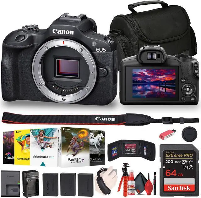Main image of Canon EOS R100 Mirrorless Camera (6052C002) + Corel Photo Software + Bag + 64GB Card + More