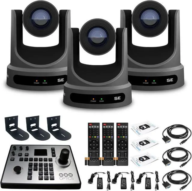 Main image of 3 x PTZOptics Move SE PTZ Camera with 30x Optical Zoom (PT30X-SE-GY-G3) + PT-JOY-G4 Controller + 3 x Wall Mount