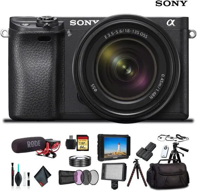 Main image of Sony Alpha a6300 Mirrorless Camera W/ 18-135mm Lens ILCE-6300M/B, Lens Filters, 2x Extra Batteries, Rode Mic, LED Light, External HD Monitor, 2x 64GB Memory Card, Plus Essential Accessories