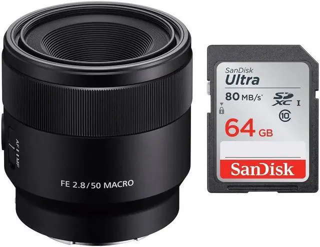 Main image of Sony SEL50M28 FE 50mm F2.8 Macro Lens & Sony 64 GB SD Card