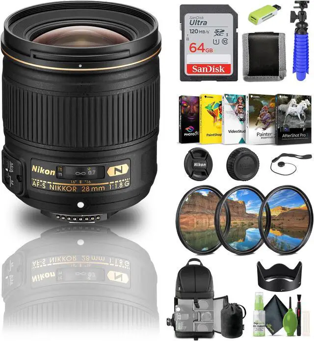 Main image of Nikon AF-S NIKKOR 28mm f/1.8G Lens (2203) + 64GB Memory Card + Filter Kit + BackPack - Bundle