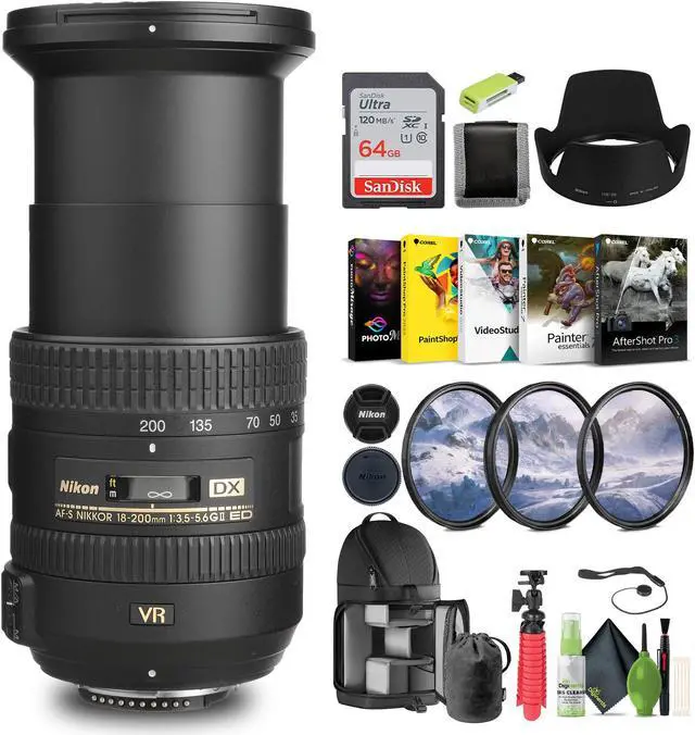 Main image of Nikon AF-S DX NIKKOR 18-200mm f/3.5-5.6G ED VR II Lens (2192) + 64GB Memory Card - Bundle