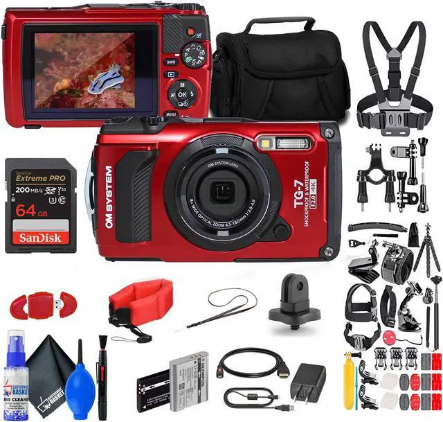Main image of OM SYSTEM Tough TG-7 Red Waterproof Camera, W/ 50 Piece Kit + Extra Battery + More