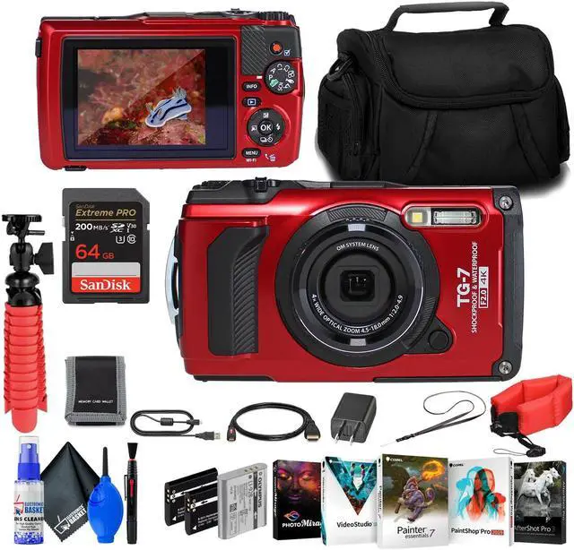 Main image of OM SYSTEM Tough TG-7 Red Waterproof Camera, With 2 Extra Batteries + 64GB Card + More