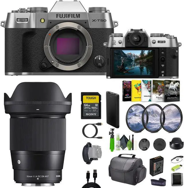 Main image of Fujifilm X-T50 Mirrorless Camera + Sigma 16mm Contemporary Lens+ More -Silver