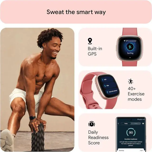 Alt view image 3 of 4 - Fitbit Versa 4 Fitness Smartwatch Pink Sand/Copper Rose Bundle