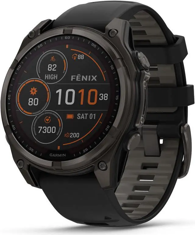 Main image of Garmin fnix® 8 - 47 mm, Solar, AMOLED, Sapphire, Premium Multisport GPS Smartwatch, Long-Lasting Battery Life, Dive-Rated, Built-in LED Flashlight, Carbon Gray DLC Titanium with Pebble Gray Band