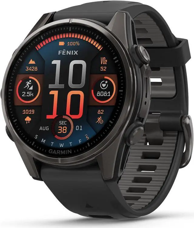 Main image of Garmin fnix® 8 - 43mm, AMOLED, Sapphire, Premium Multisport GPS Smartwatch, Long-Lasting Battery Life, Dive-Rated, Built-in LED Flashlight, Carbon Gray DLC Titanium with Pebble Gray Band